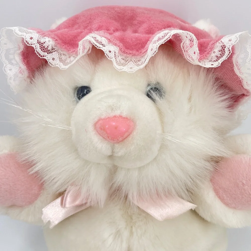 Slipper Pets White Cat Plush Pink Bonnet Lace R.G. Barry Corp 16
